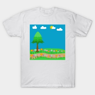 A meadow of flowers with a pine tree and sky and clouds T-Shirt